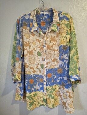 Lot of 2 Womens Rose + Olive Mixed Media Patchwork Blouses 2X